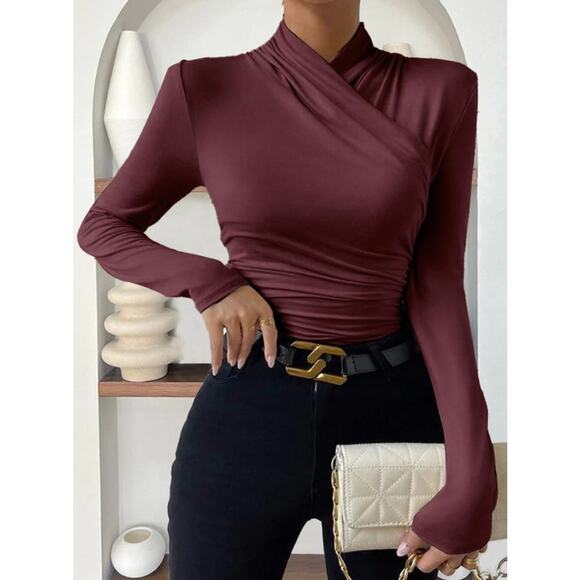 Commense Cross-Over Collar Cinched Long Sleeve Top Burgundy Jersey NWT Size XL - Picture 4 of 6